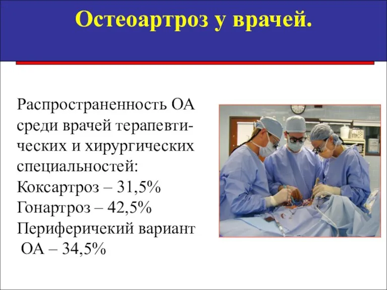 Распространенность ОА среди врачей терапевти- ческих и хирургических специальностей: Коксартроз – 31,5% Гонартроз