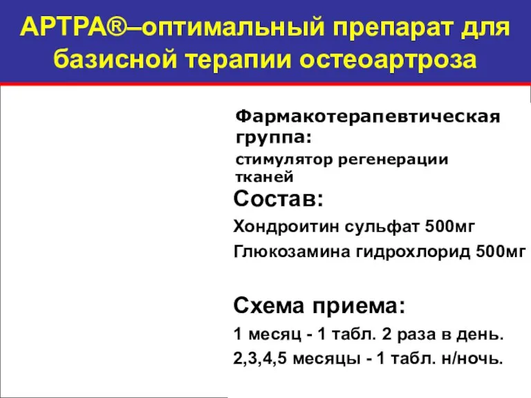 АРТРА®–оптимальный препарат для базисной терапии остеоартроза Состав: Хондроитин сульфат 500мг Глюкозамина гидрохлорид 500мг