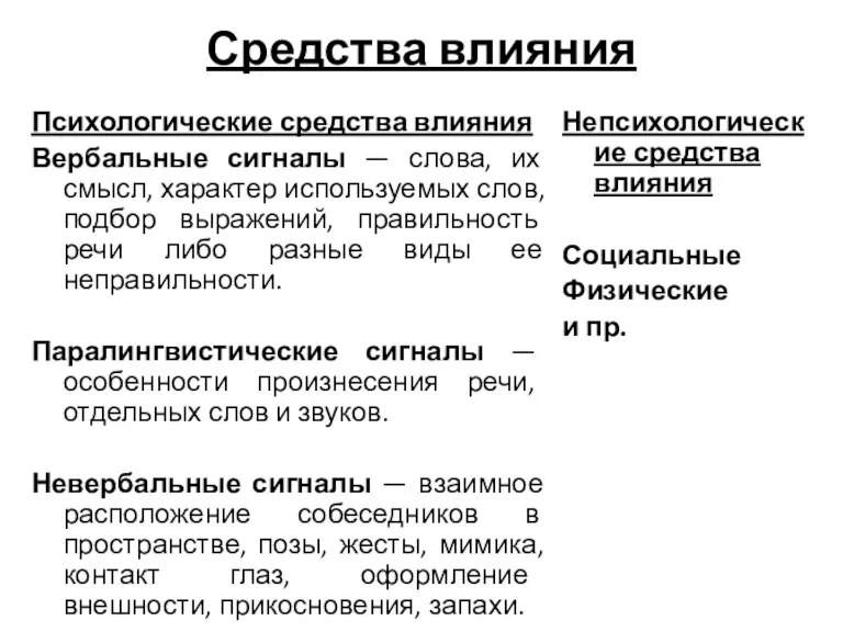 Средства влияния Психологические средства влияния Вербальные сигналы — слова, их