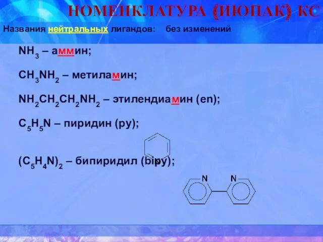 Названия нейтральных лигандов: без изменений NН3 – аммин; CH3NH2 –