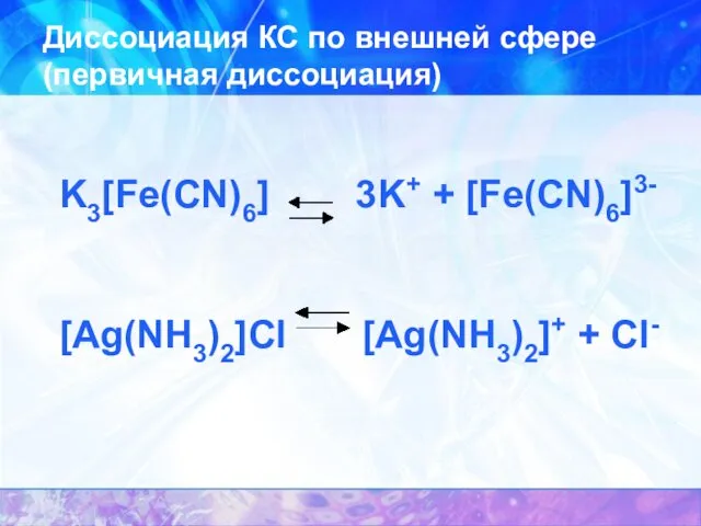 K3[Fe(CN)6] 3K+ + [Fe(CN)6]3- [Ag(NH3)2]Cl [Ag(NH3)2]+ + Cl- Диссоциация КС по внешней сфере (первичная диссоциация)