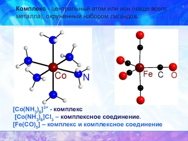 [Co(NH3)6]3+ - комплекс [Co(NH3)6]Cl3 – комплексное соединение. [Fe(CO)5] – комплекс