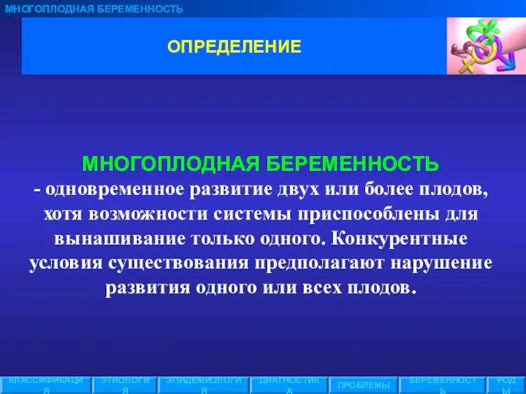 ОПРЕДЕЛЕНИЕ МНОГОПЛОДНАЯ БЕРЕМЕННОСТЬ ЭТИОЛОГИЯ ЭПИДЕМИОЛОГИЯ ПРОБЛЕМЫ БЕРЕМЕННОСТЬ РОДЫ КЛАССИФИКАЦИЯ ДИАГНОСТИКА