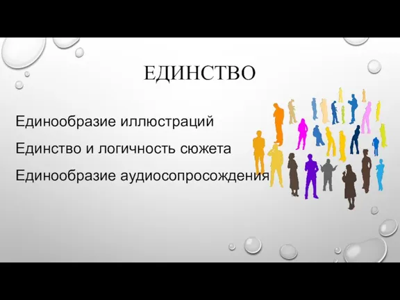 ЕДИНСТВО Единообразие иллюстраций Единство и логичность сюжета Единообразие аудиосопросождения