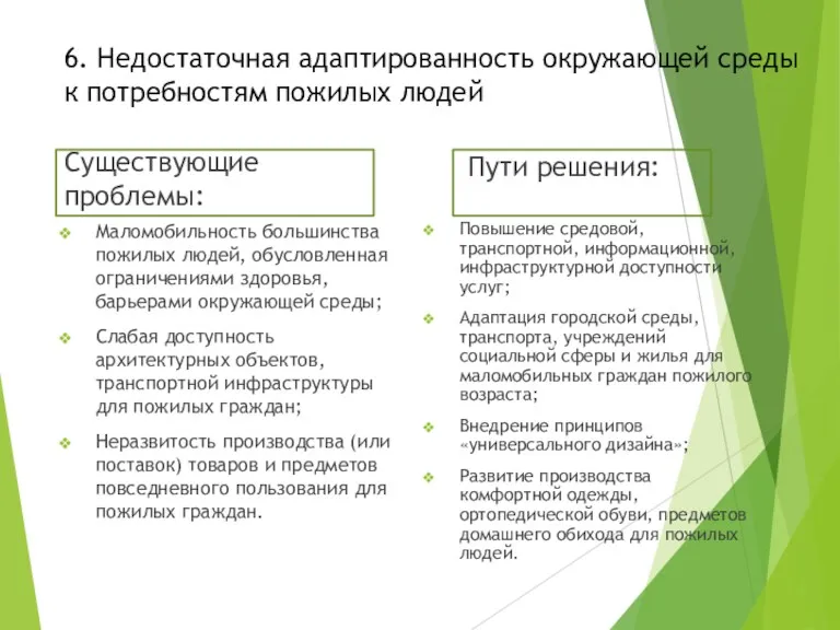 6. Недостаточная адаптированность окружающей среды к потребностям пожилых людей Существующие