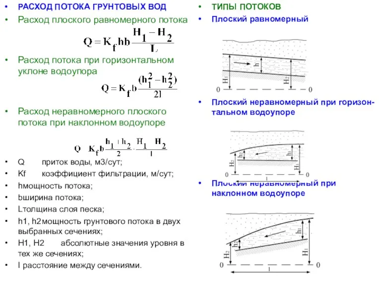 РАСХОД ПОТОКА ГРУНТОВЫХ ВОД Расход плоского равномерного потока Расход потока