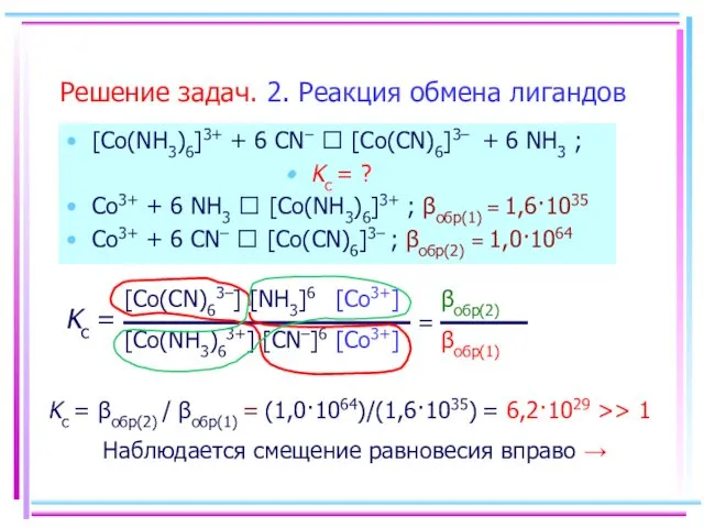 Решение задач. 2. Реакция обмена лигандов [Co(NH3)6]3+ + 6 CN–