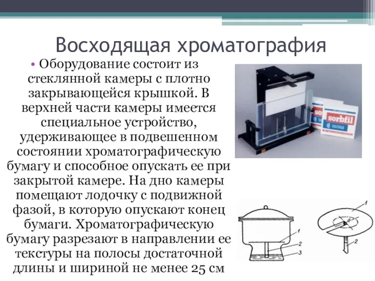 Восходящая хроматография Оборудование состоит из стеклянной камеры с плотно закрывающейся