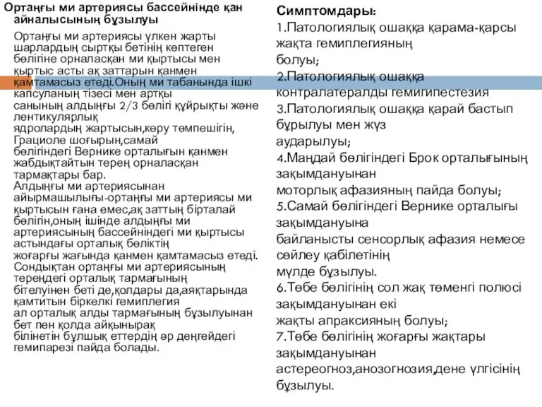 Ортаңғы ми артериясы бассейнінде қан айналысының бұзылуы Ортаңғы ми артериясы