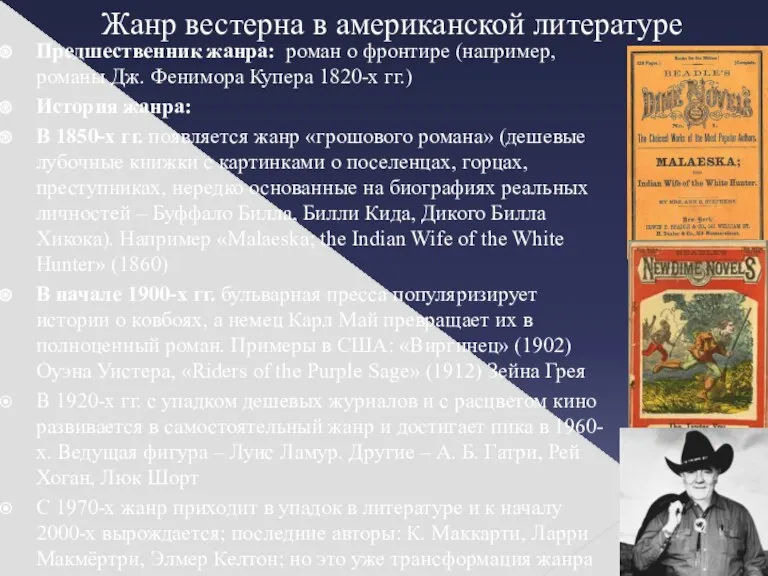 Жанр вестерна в американской литературе Предшественник жанра: роман о фронтире