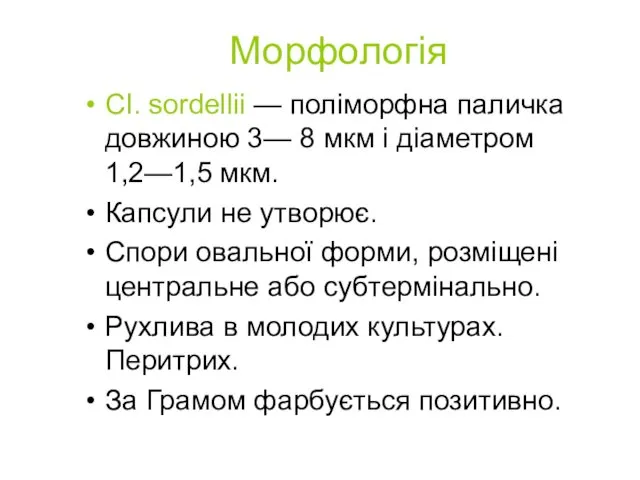 Морфологія СІ. sordellii — поліморфна паличка довжиною 3— 8 мкм