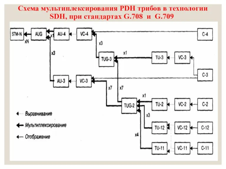 Cхема мультиплексирования РDH трибов в технологии SDH, при стандартах G.708 и G.709