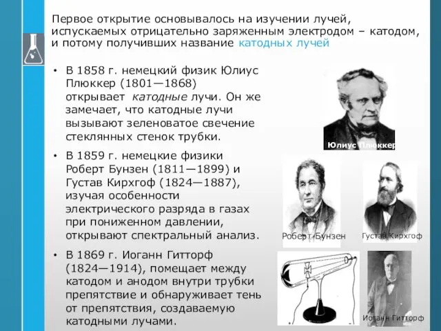 Первое открытие основывалось на изучении лучей, испускаемых отрицательно заряженным электродом