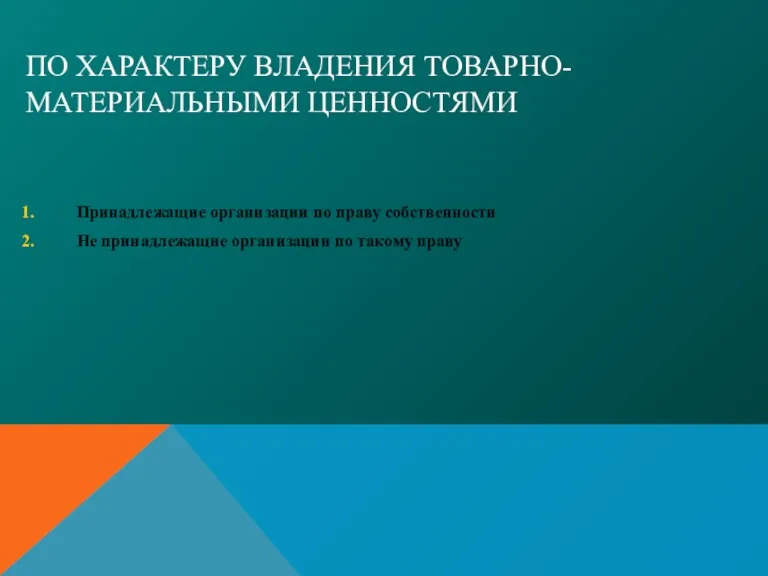 ПО ХАРАКТЕРУ ВЛАДЕНИЯ ТОВАРНО-МАТЕРИАЛЬНЫМИ ЦЕННОСТЯМИ Принадлежащие организации по праву собственности Не принадлежащие организации по такому праву