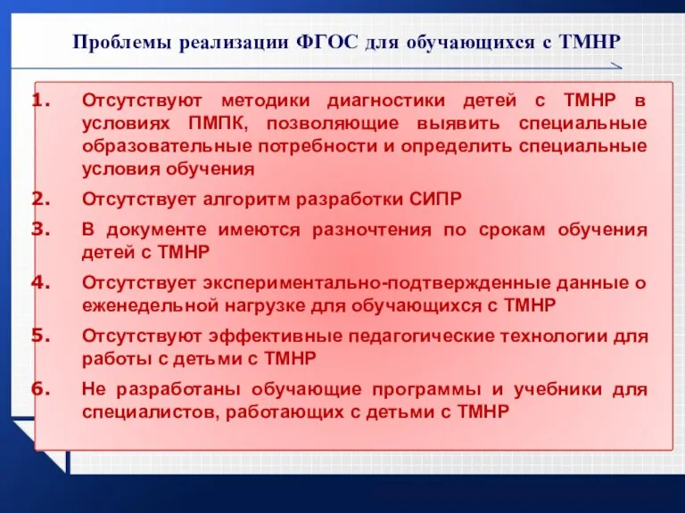 Проблемы реализации ФГОС для обучающихся с ТМНР Отсутствуют методики диагностики