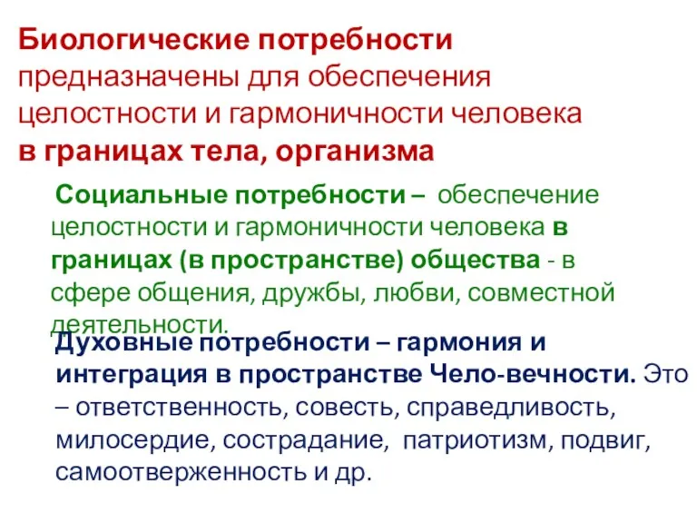 Социальные потребности – обеспечение целостности и гармоничности человека в границах