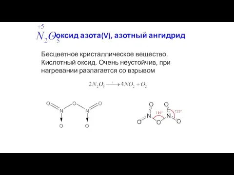 - оксид азота(V), азотный ангидрид Бесцветное кристаллическое вещество. Кислотный оксид.