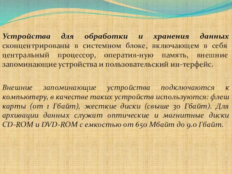 Устройства для обработки и хранения данных сконцентрированы в системном блоке,