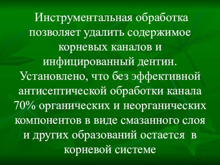 Инструментальная обработка позволяет удалить содержимое корневых каналов и инфицированный дентин.