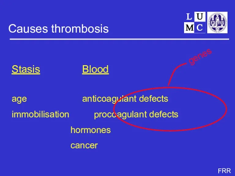 Causes thrombosis Stasis Blood age anticoagulant defects immobilisation procoagulant defects hormones cancer genes