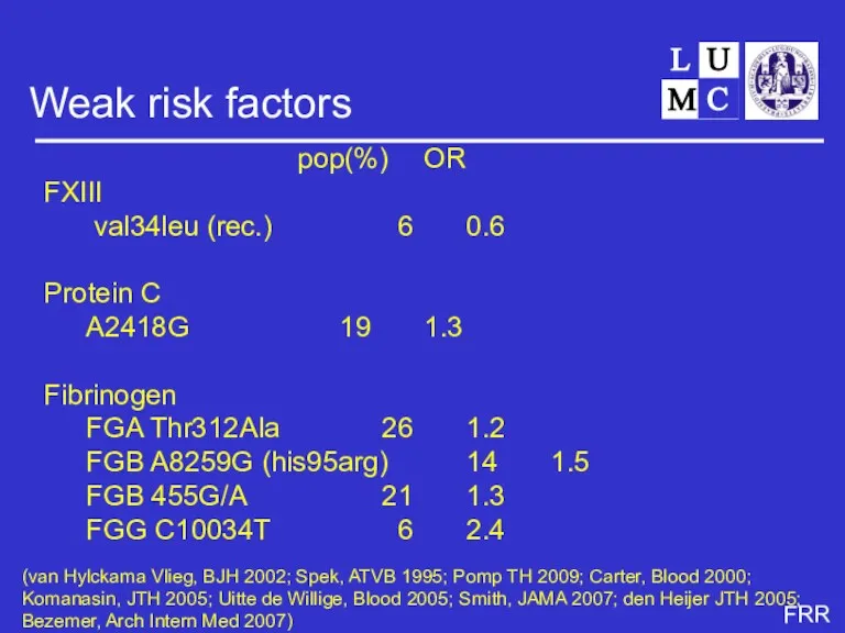 Weak risk factors pop(%) OR FXIII val34leu (rec.) 6 0.6