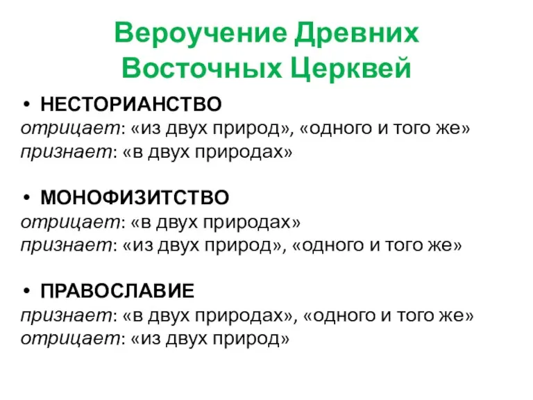 Вероучение Древних Восточных Церквей НЕСТОРИАНСТВО отрицает: «из двух природ», «одного и того же»