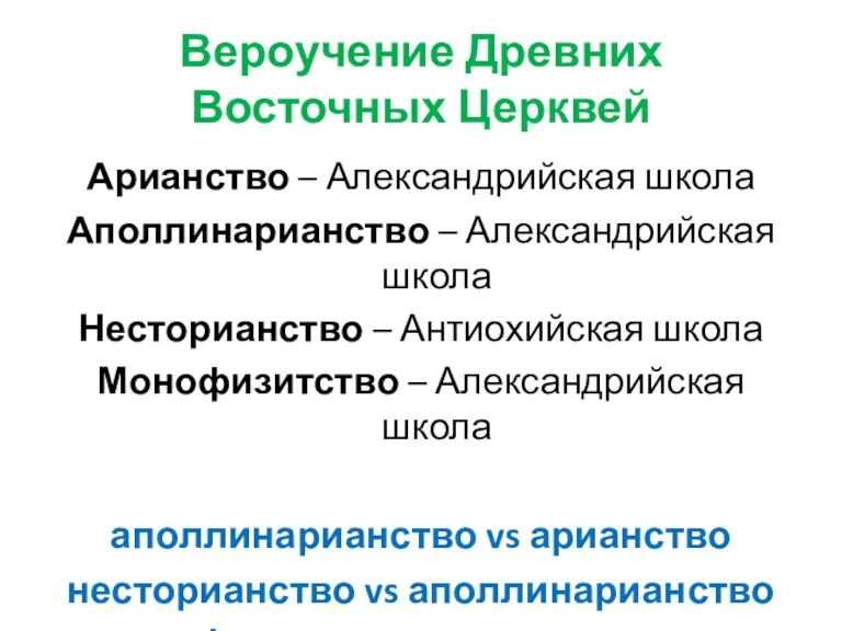 Вероучение Древних Восточных Церквей Арианство – Александрийская школа Аполлинарианство –