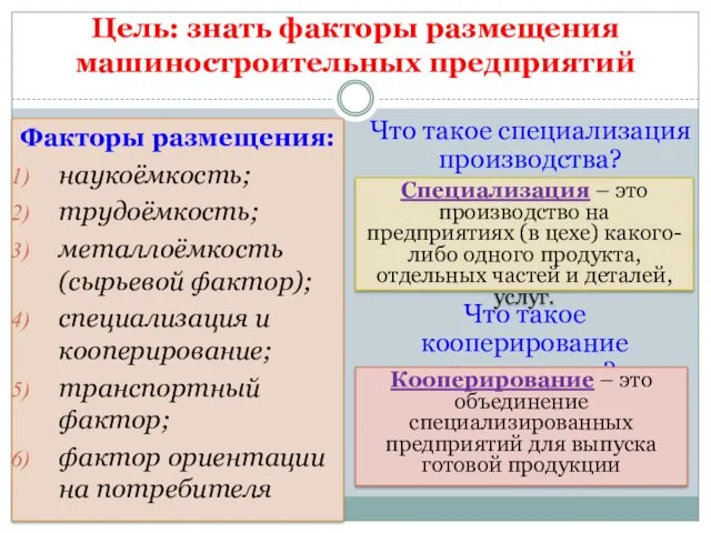 Факторы размещения: наукоёмкость; трудоёмкость; металлоёмкость (сырьевой фактор); специализация и кооперирование;