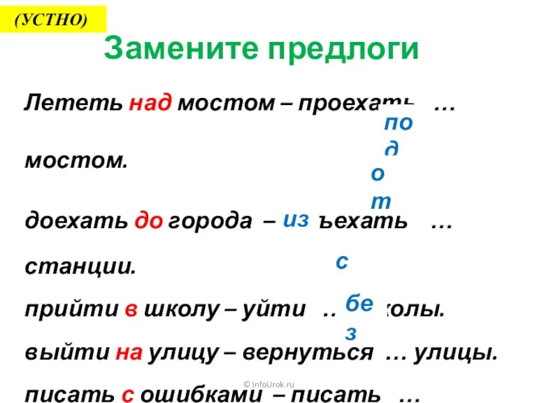 © InfoUrok.ru Замените предлоги Лететь над мостом – проехать … мостом. доехать до