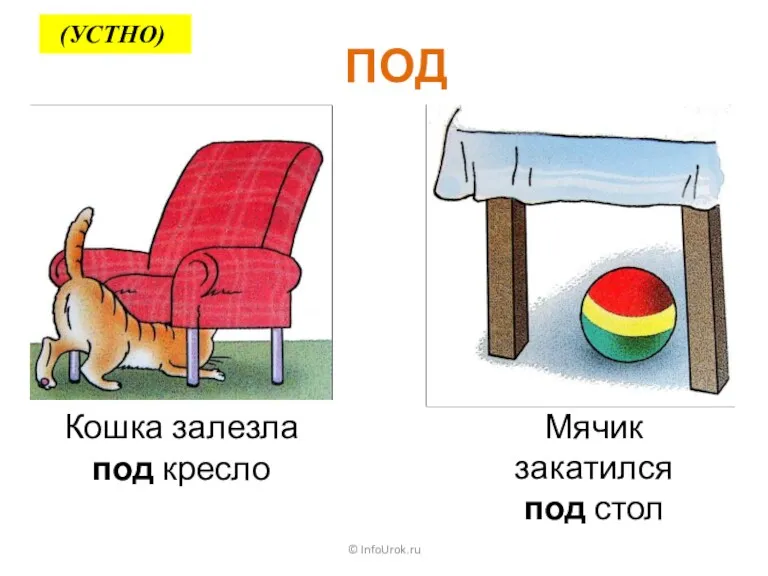 © InfoUrok.ru ПОД Кошка залезла под кресло Мячик закатился под стол (УСТНО)