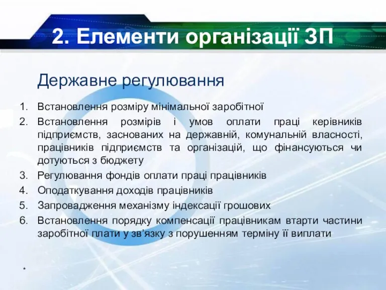 2. Елементи організації ЗП Державне регулювання Встановлення розміру мінімальної заробітної