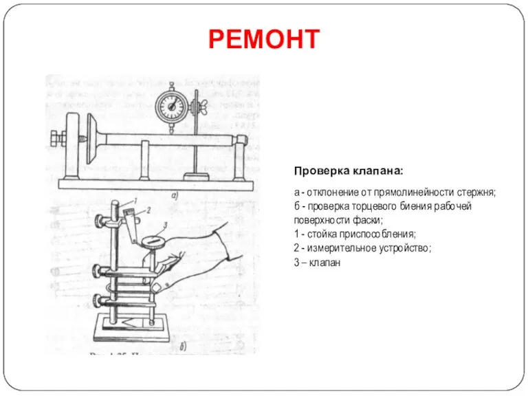 РЕМОНТ Проверка клапана: а - отклонение от прямолинейности стержня; б