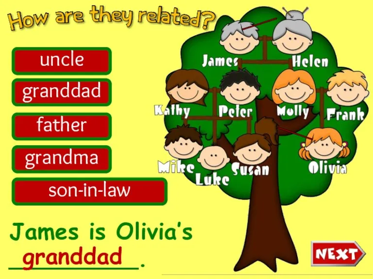 James is Olivia’s _________. uncle granddad father grandma son-in-law granddad