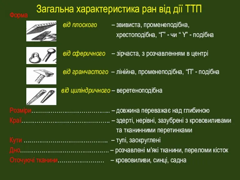 Загальна характеристика ран від дії ТТП Форма від плоского – звивиста, променеподібна, хрестоподібна,