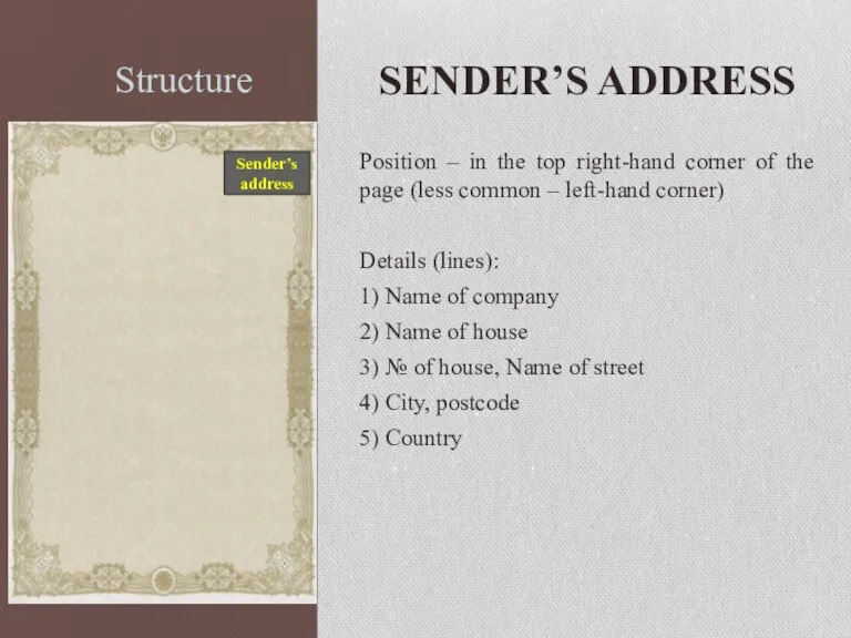 Structure SENDER’S ADDRESS Position – in the top right-hand corner