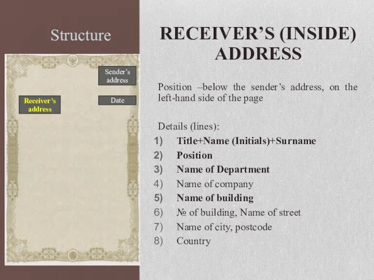 Structure RECEIVER’S (INSIDE) ADDRESS Position –below the sender’s address, on