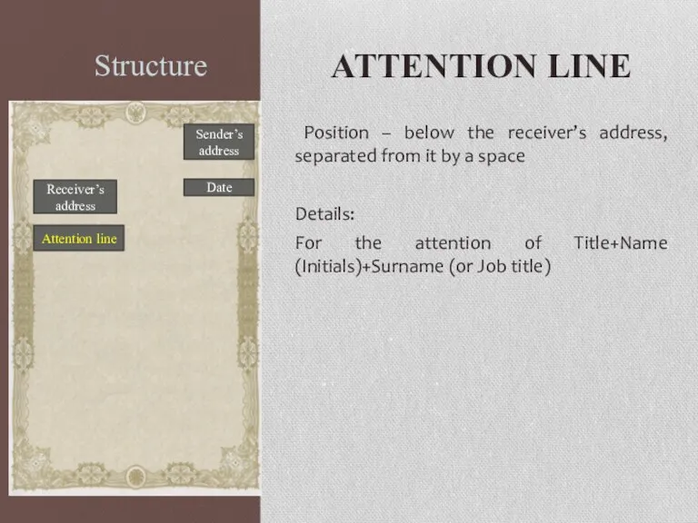 Structure ATTENTION LINE Position – below the receiver’s address, separated