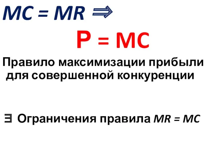 MC = MR ⇒ Р = MC Правило максимизации прибыли для совершенной конкуренции