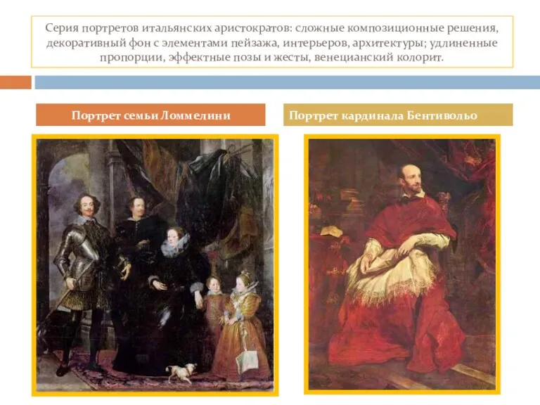 Серия портретов итальянских аристократов: сложные композиционные решения, декоративный фон с