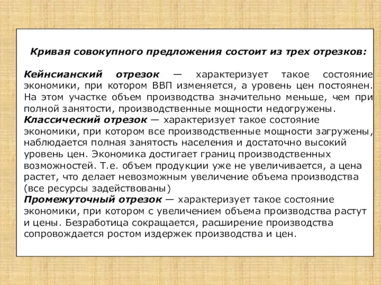 Кривая совокупного предложения состоит из трех отрезков: Кейнсианский отрезок —