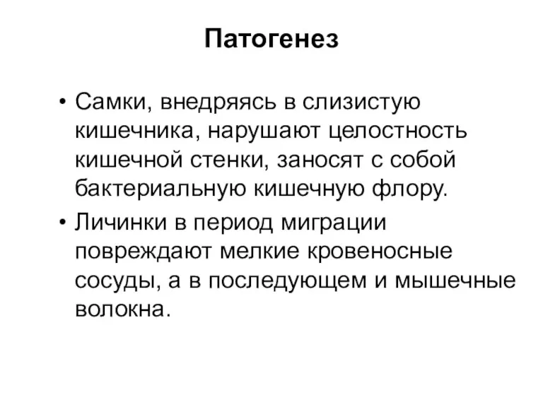 Патогенез Самки, внедряясь в слизистую кишечника, нарушают целостность кишечной стенки,