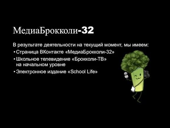 МедиаБрокколи-32 В результате деятельности на текущий момент, мы имеем: Страница