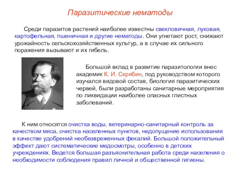 Большой вклад в развитие паразитологии внес академик К. И. Скрябин,