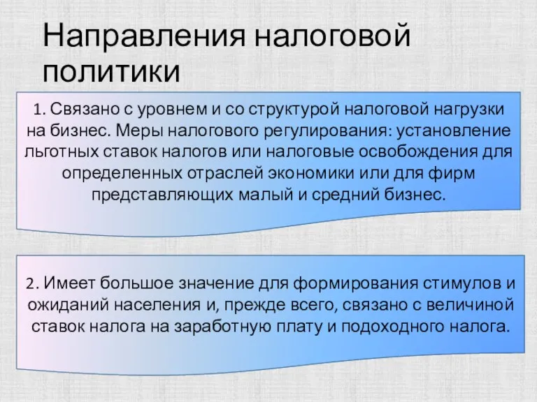 Направления налоговой политики 1. Связано с уровнем и со структурой