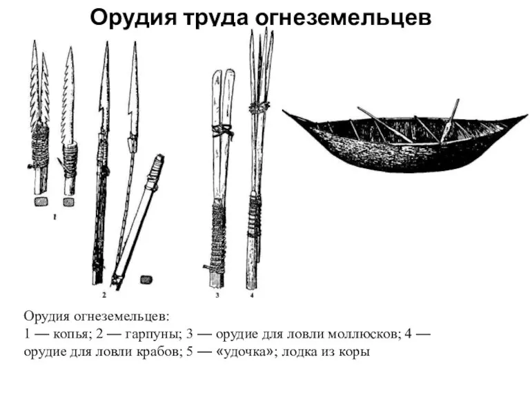 Орудия труда огнеземельцев Орудия огнеземельцев: 1 — копья; 2 —