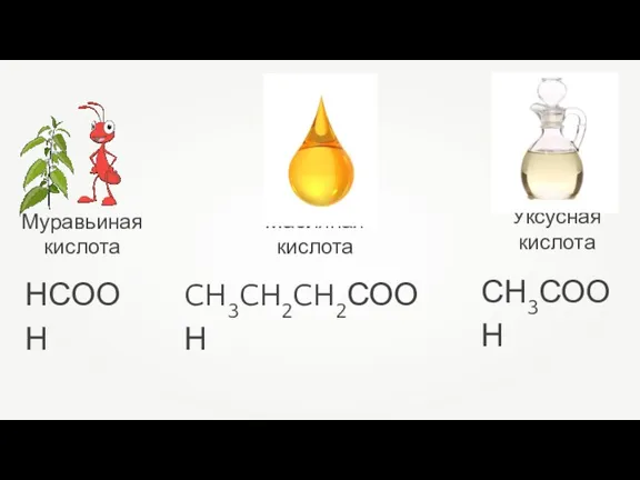 Муравьиная кислота Уксусная кислота Масляная кислота НСООН СН3СООН CH3CH2CH2СООН