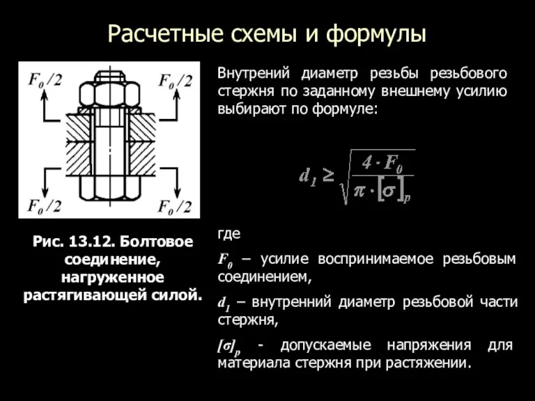 Расчетные схемы и формулы Рис. 13.12. Болтовое соединение, нагруженное растягивающей