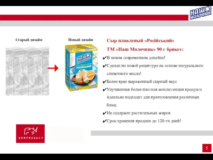 Старый дизайн Новый дизайн Сыр плавленый «Російський» ТМ «Наш Молочник»