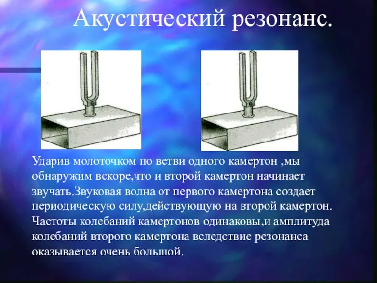 Акустический резонанс. Ударив молоточком по ветви одного камертон ,мы обнаружим