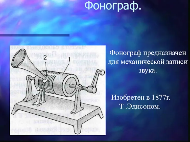 Фонограф. Фонограф предназначен для механической записи звука. Изобретен в 1877г. Т .Эдисоном.